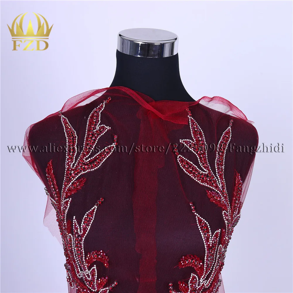 FZD 1 Pair Handmade Red Beaded Applique Silver Rhinestone Patches for Wedding Party Gown Dress DIY Bridal With Gauze | Дом и сад