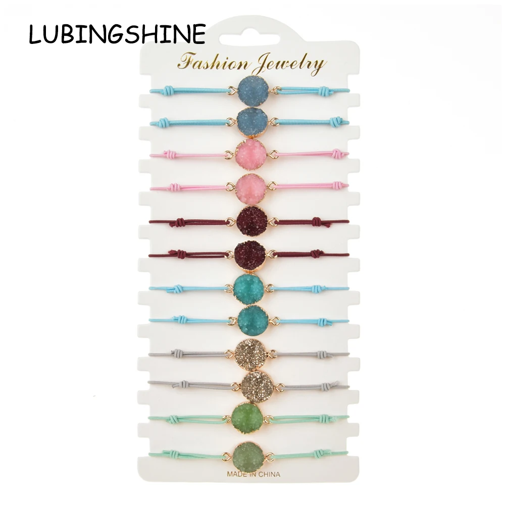 

Boho 12pcs/Sets Elastic resin Druzy Charms Bracelets for Women Child Adjustable Rope Chain Anklets Wristband Jewelry