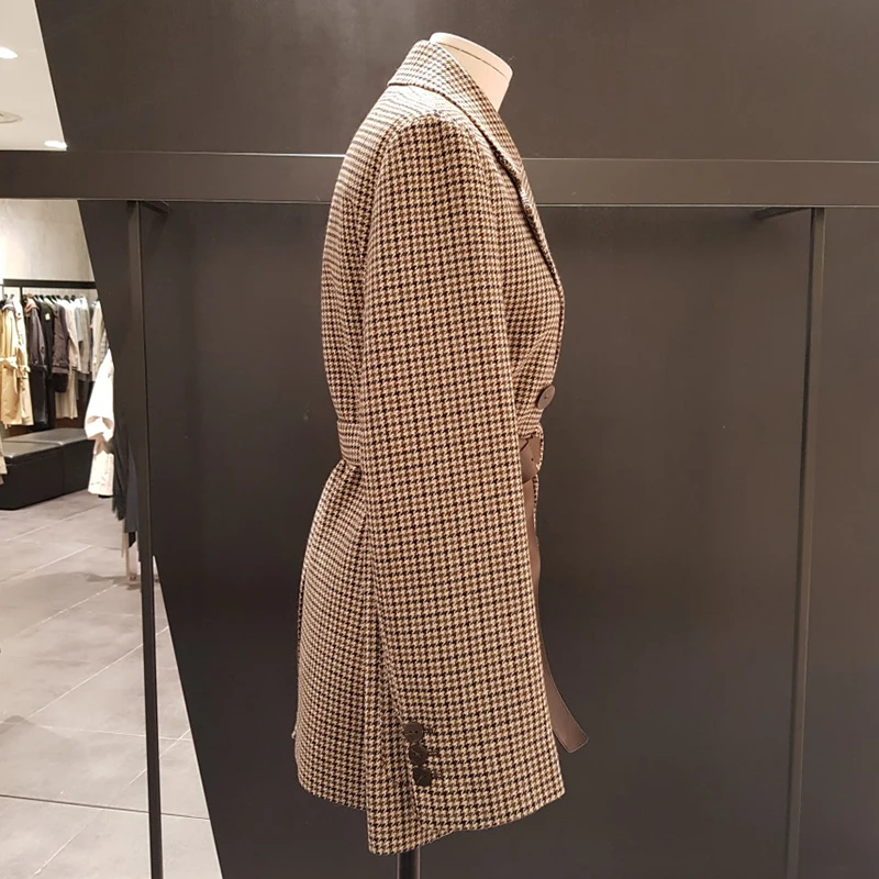 autumn winter vintage plaid woolen blazer women double breasted straight belted suit jacket
