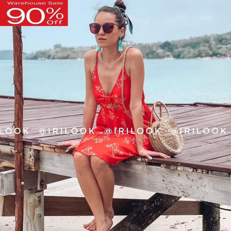 Длинное Красное пляжное платье с цветочным принтом летнее бантом спереди и