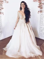 elegant lace wedding gowns for bride long sleeve appliqued soft tulle back illusion beach wedding dress boho vestidos de noiva
