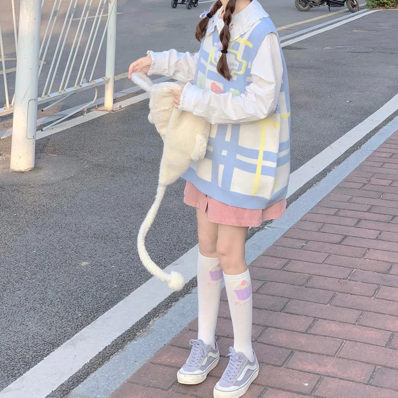 

JK uniform vest academy style cute bear candy loose candy color V-Neck Sweater Girl