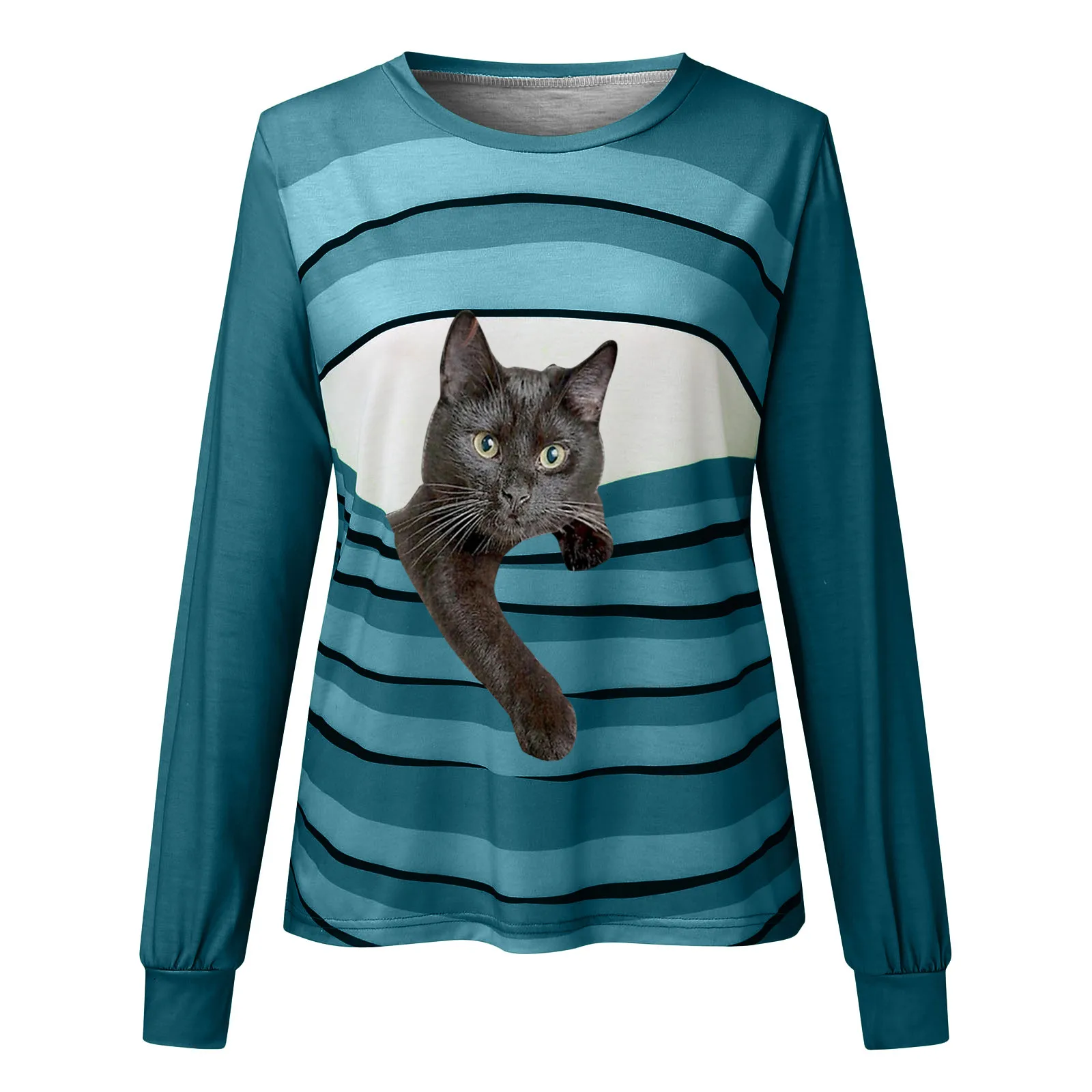 

Casual Women Cat Print Long Sleeve T-shirts Ladies O-Neck Loose Patchwork Tops Female Streetwear Clothing mujer camisetas A40