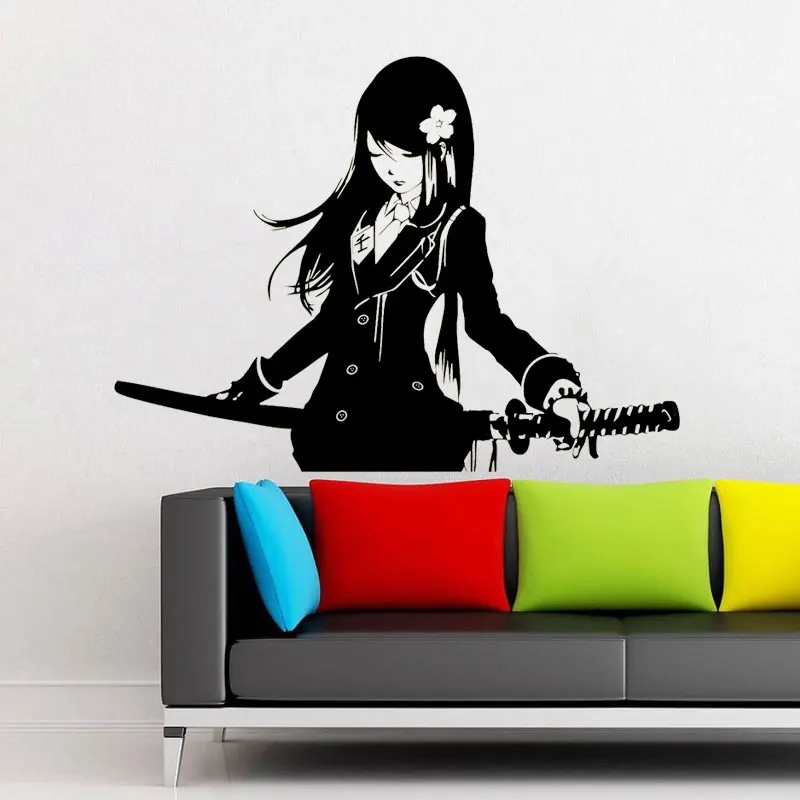 

Samurai Schoolgirl Katana Japanese Akai Anime Wall Sticker Vinyl Interior Art Home Decor Room Wall Decals Removable Mural 4045
