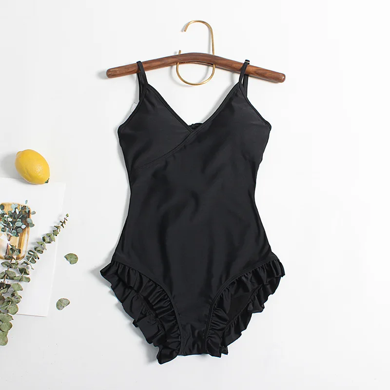 

2021 New One Piece Swimsuit Women Sexy Backless Halter Lace Swimwear Female Girls Triangle Swimming Suit Lace Edge Black