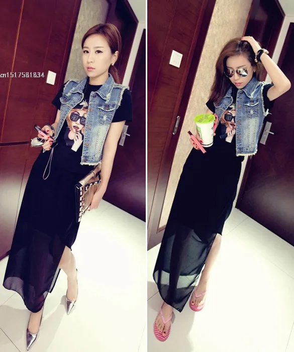 Женский джинсовый жилет без рукавов с эффектом потертости в стиле ретро кардиган