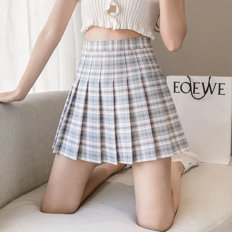 

2020 Korean Fashion Preppy Style High Waist Plaid Pleated Skirt Woman Mini Skirt Elegant A-Line Summer Skirts Women jupe femme