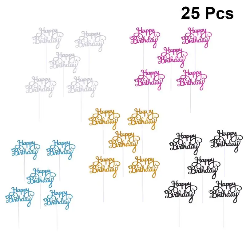 

25 pcs Cake Toppers Happy Birthday Glittering Cake Picks Party Supplies Cupcake Decor Birthday Baby Shower Glitter Cake Toppers