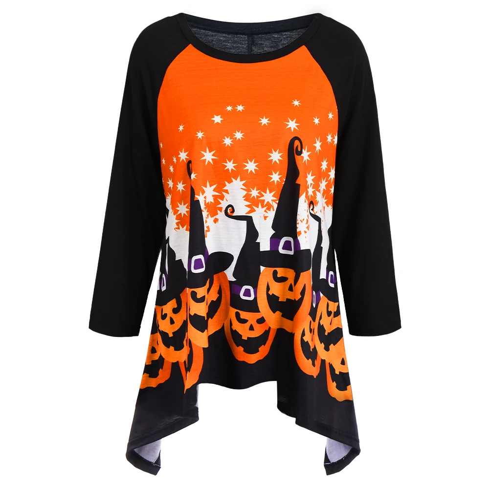 

5XL Plus Size Halloween Women Irregular Hem Pumpkin Print Tops Long Sleeve Pullover Autumn Loose Oversized Female Party T Shirt