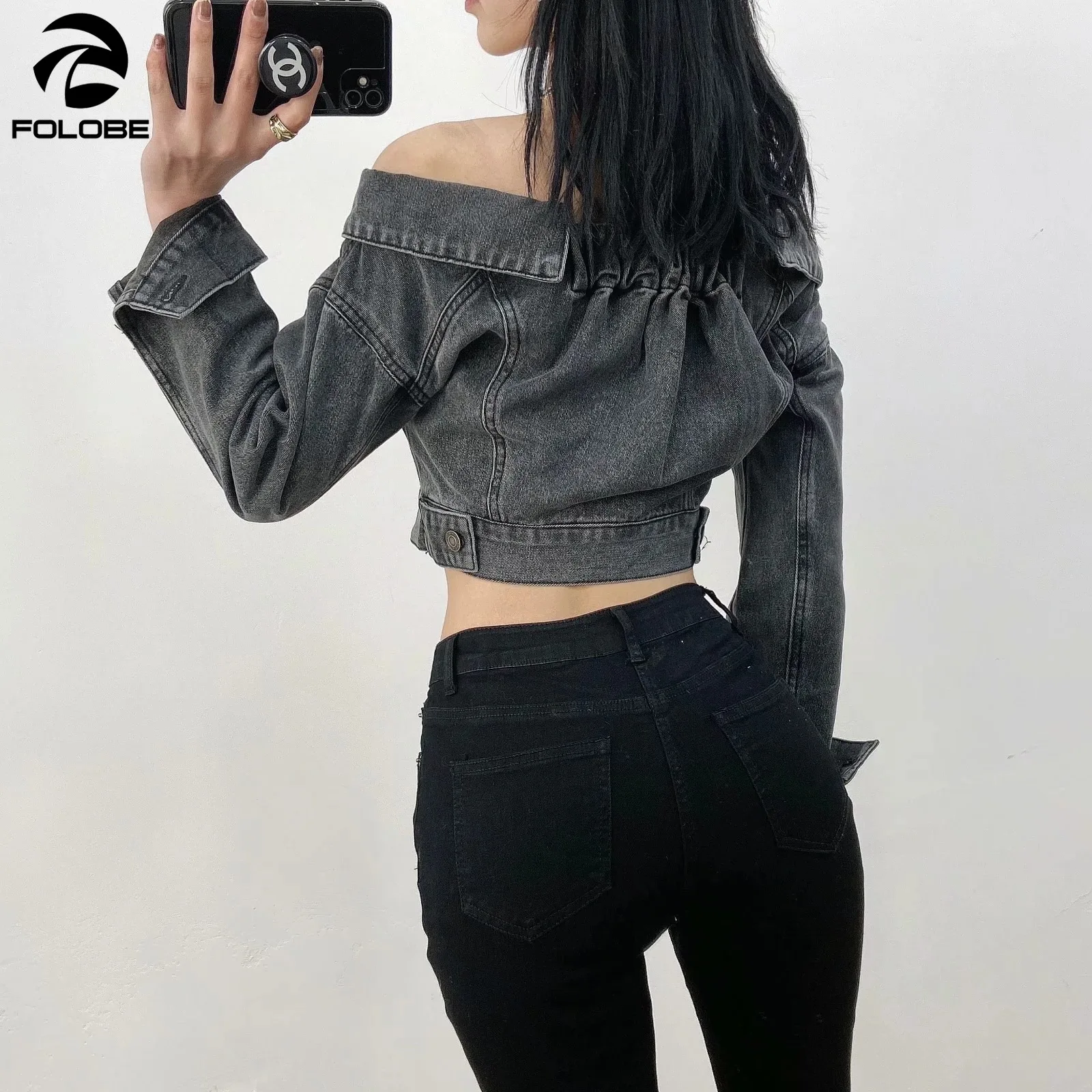 

FOLOBE 2021 Spring New Denim Jacket Women Coat Off the Shoulder Long Sleeve Single Breasted Short Tops Female Jacket Fashion