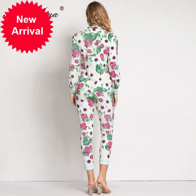 

Fashion Set Spring Summer Women's Long sleeve Floral Print Blouses Tops+3/4 pencil pants Vacation Two-piece set