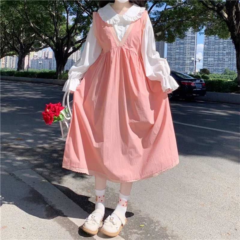 

Japanese Sweetheart Soft Girl College Style Sweety Dress V-Neck Folds Kawaii Ruffles Sleeveless Vintage Cute Camisole Dresses