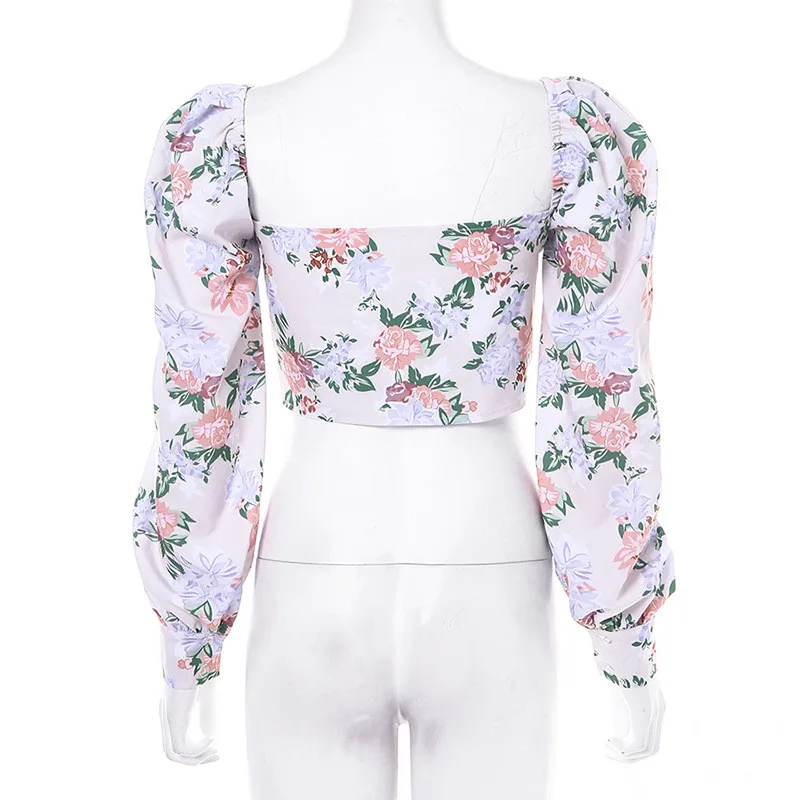 

2021 Spring Autumn Women Streetwear T-shirts Floral Long Sleeve Hollow Out Bandage Sexy Drop Tops