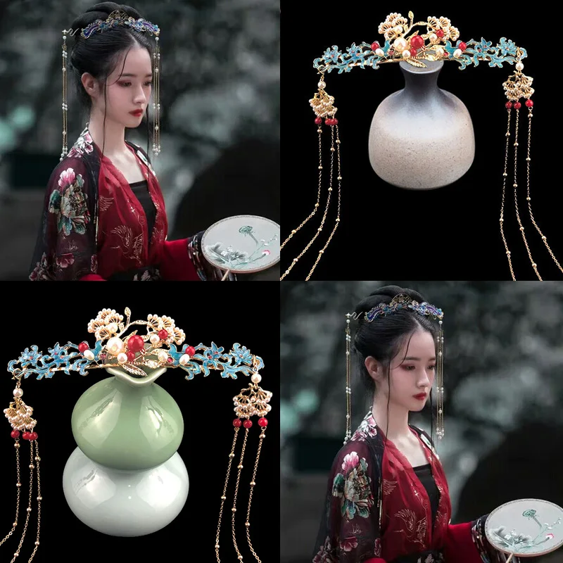 Ретро сгоревшие синие волосы корона кисточка Ming and Qing корт костюм головной убор
