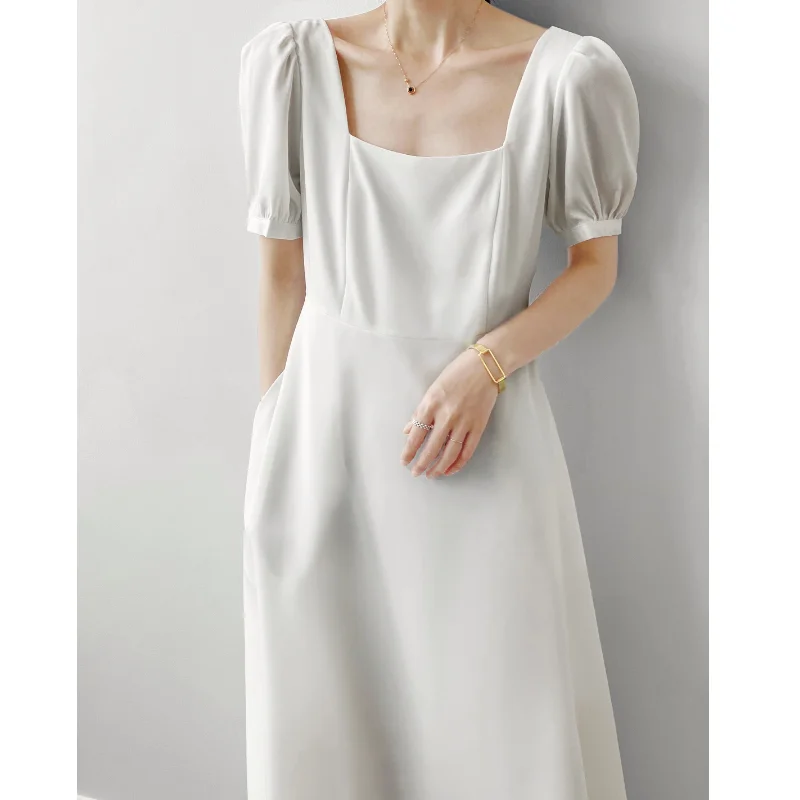 

2021 Summer Women's Dress Short Sleeve Solid Color Fashion Square Collar French Retro Temperament Female Slim Mid-length Dress