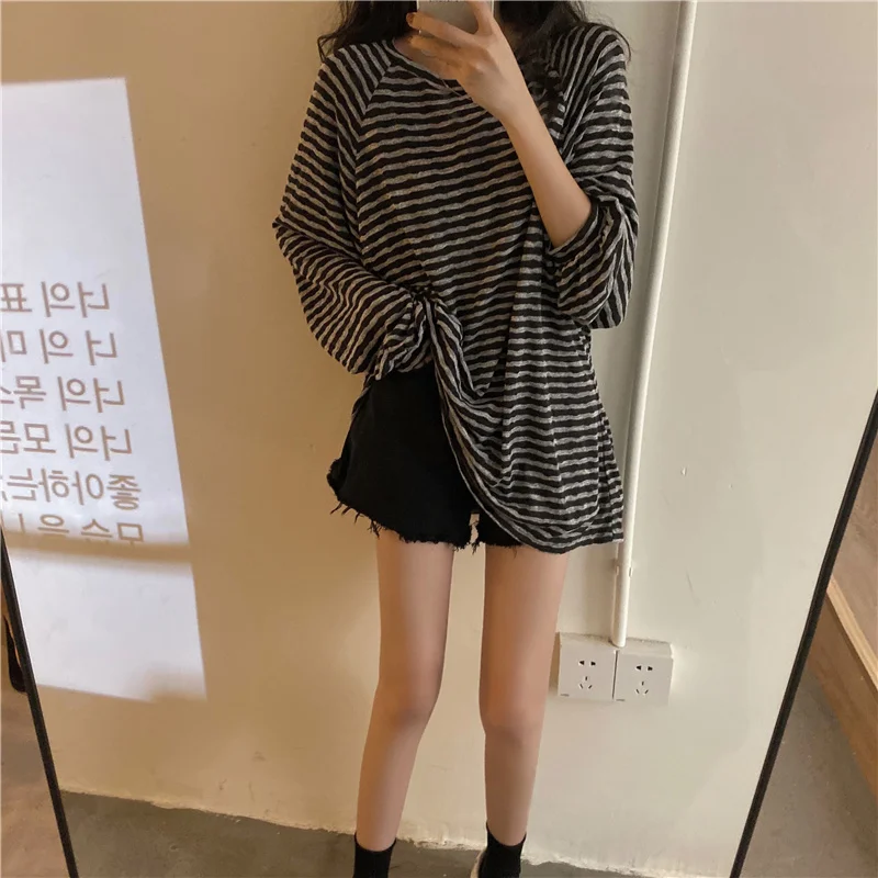 Футболка женская средней длины в полоску повседневный Свободный Топ контрастном