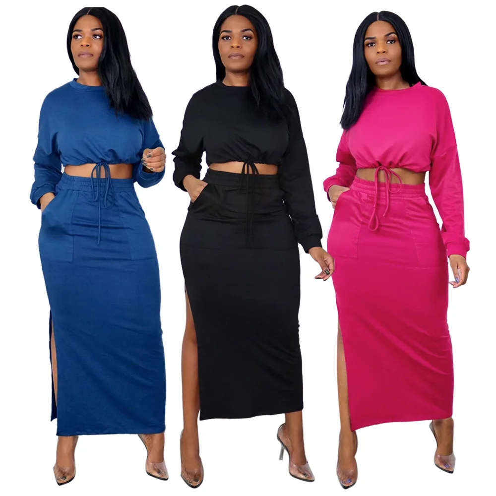 

Women Casual 2 Pieces Skirt Set Long Sleeve Drawstring Crop Top and Slit Maxi Long Skirt with Pockets Spring Ladies Clothes 2021