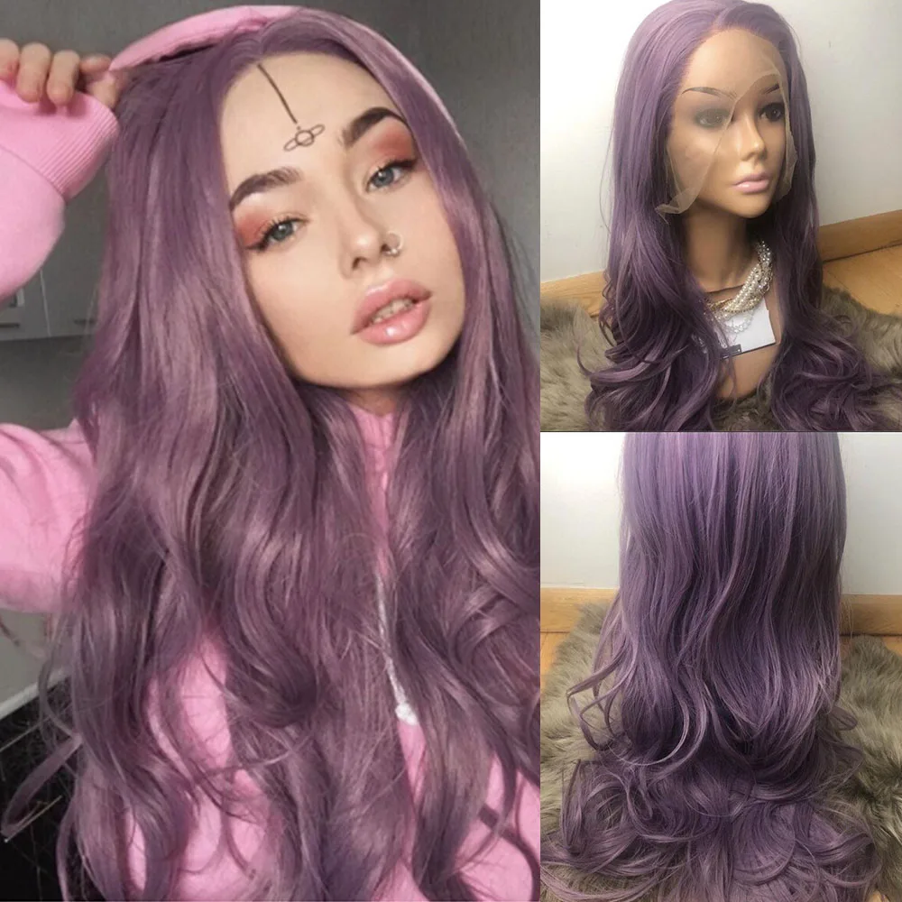 

Фиолетовые длинные волнистые термостойкие парики, синтетический парик на сетке спереди, средняя часть с естественной линией волос для дево...