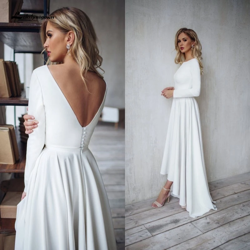 Lakshmigown Chic Boho Wedding Dress Satin V-Back Sexy High Low Bridal A-line Dresses Long Sleeves 2020 | Свадьбы и торжества