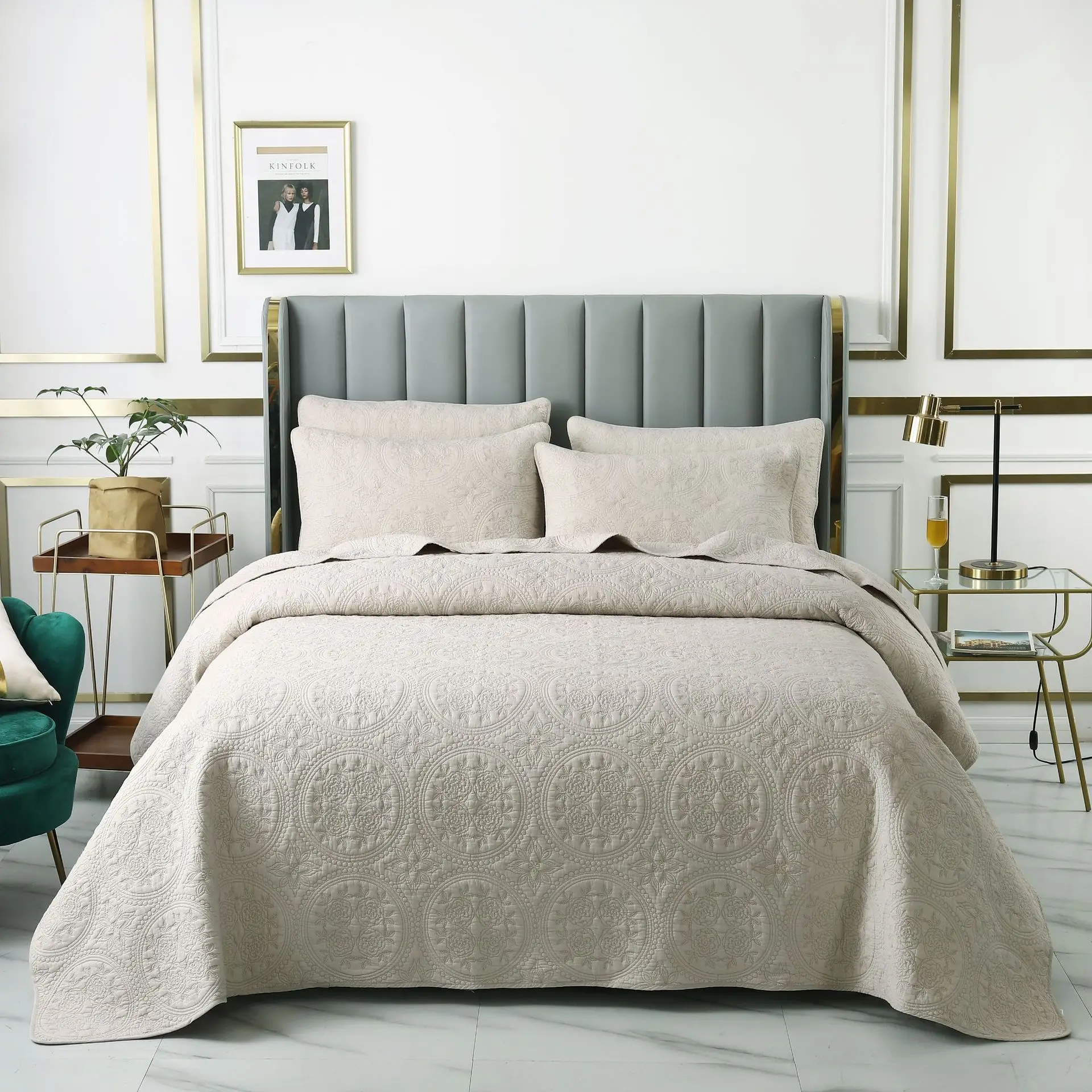 

High Quality Pure Cotton Beige Embroidery Queen Size Bedspread Bed Cover Set Bed sheet Bed Linen Pillowcases Bedding Set 3PCS