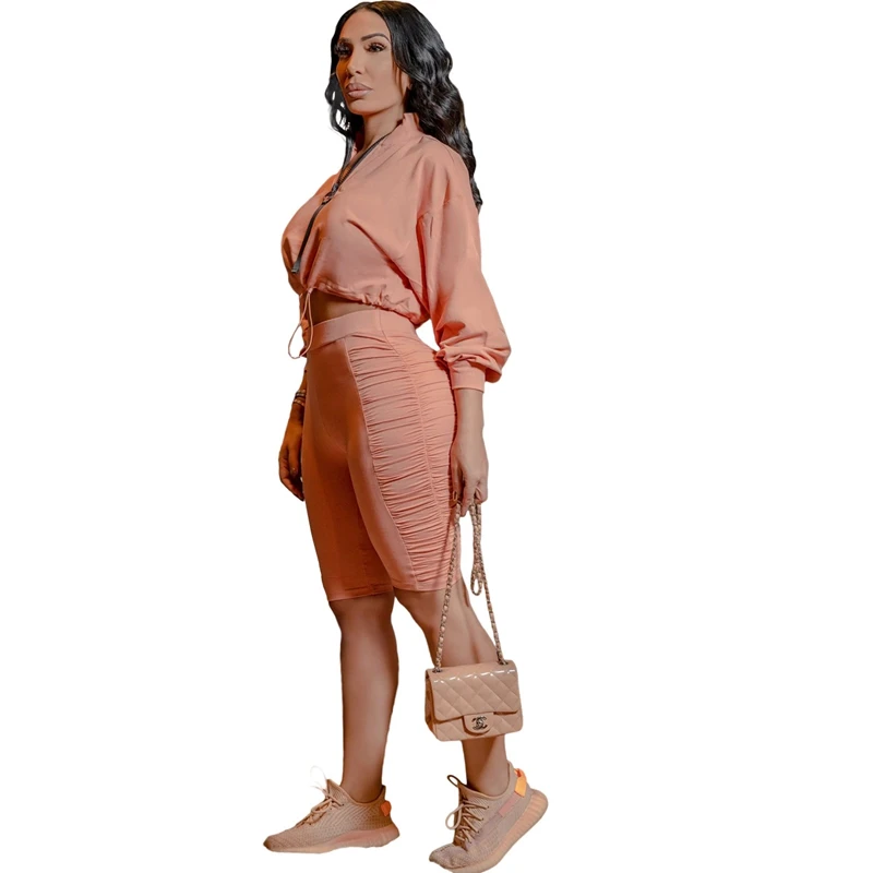 

Loungewear Women Two Piece Set Elegant Long Sleeve Shirt Crop Top and Ruched Shorts Set Casual Pink Outfits for Women Clothing