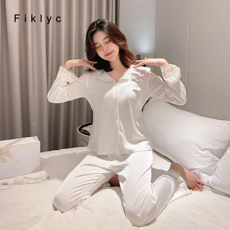 

Fiklyc New Arrival Womens Ice Silk Pajamas Sets Lace Satin Young Grils Sweet Spring Home Clothes French Collar Nightwear Hot