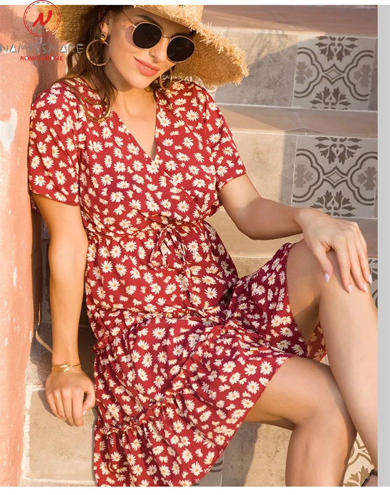 

Retro Women Summer Print A-Line Dress for Holiday Drawstring Design Ruffles Decor V-Neck Flare Sleeve High Waist Slim Mini Dress