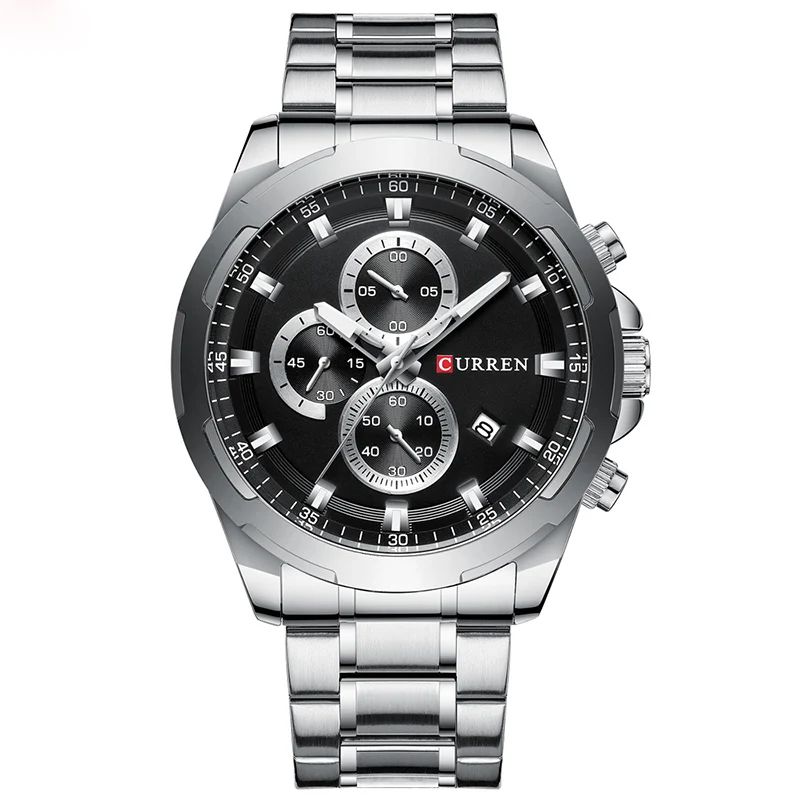 silver black Relogio Masculino CURREN Топ Брендовые Часы Для мужчин спортивные роскошные Для мужчин, мужские часы, Водонепроницаемый Нержавеющая сталь наручные часы Мода кварц часы - Цвет: silver black