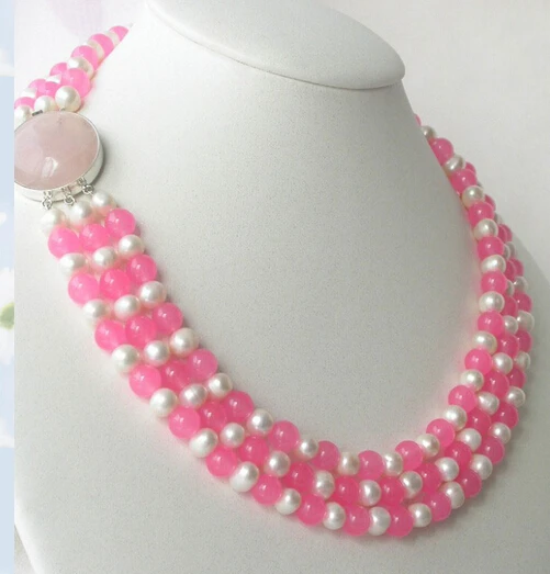

3strands 8mm Pink stone white Pearl Necklace stone