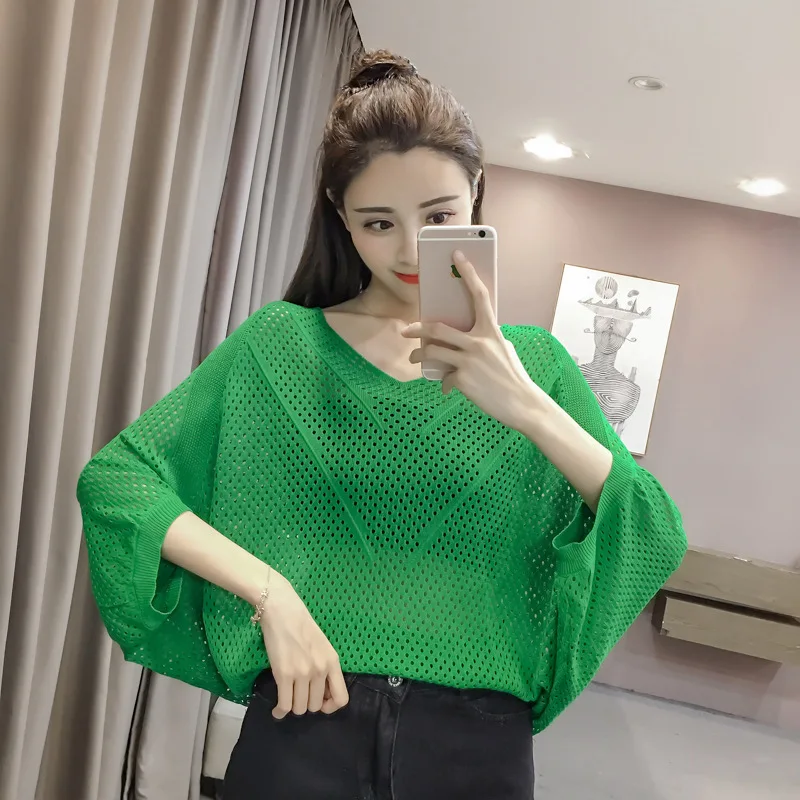 

Summer Sexy Women Knitted Pullover Hollow Out Sweater Female Spring V-neck Tops Half Sleeve White Casual Loose Sunscreen Shirt