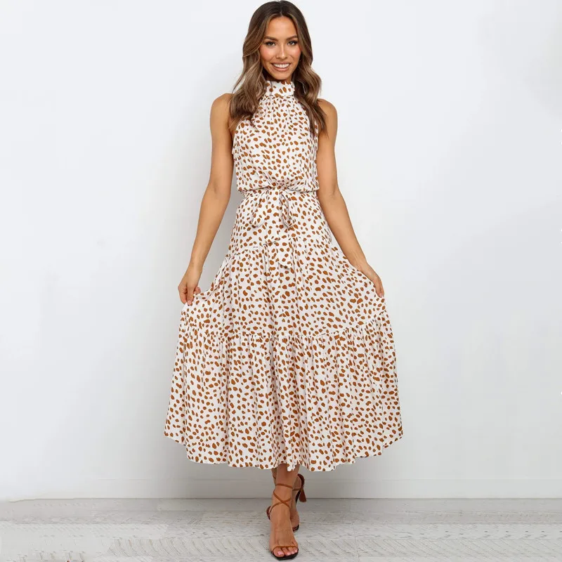 

Summer Sexy Sleeveless Boho Women's Dress 2020 Casual Bohemia Bow Belt O Neck Print Dresses Fashion Maxi Ladies Dress Vestidos