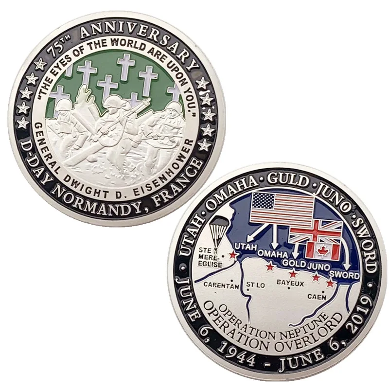 

75th Anniversary of Normandy Landing 1944-2019 Sliver Gold Plated Collectible Coins Military Challenge Coin Souvenirs for Home