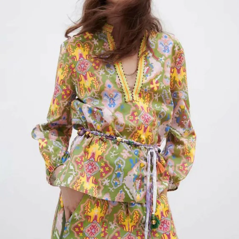 

BM UR HM ZA women's 2021 summer new style fashion all-match casual V-neck long-sleeved retro loose flower print shirt top women