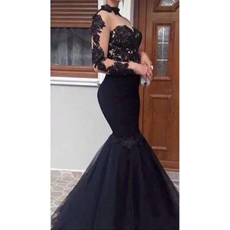 

Black Mermaid See Through Prom Gowns robe de soiree longue Applique Evening Gown Evening Party Dress Tulle Crystals Sash