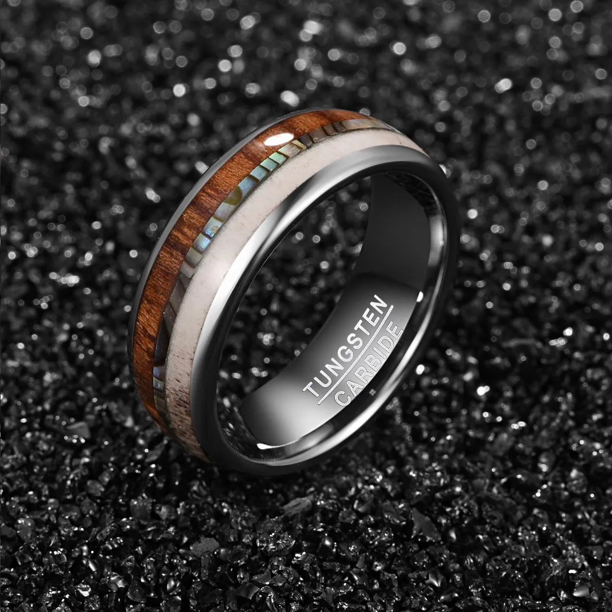 

Deer Antlers Abalone Opal Stone Men Tungsten Steel Ring Dome Wood Leather Steel Carbon Engagement Rings Bague Homme Jewellery