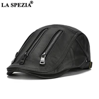 la spezia cowskin mens beret genuine leather hats for men autumn winter zipper decoration high quality adjustable male flat cap