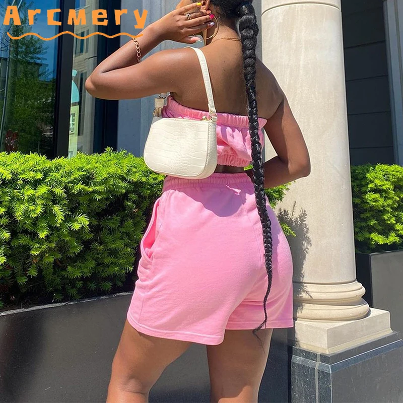 

2 Pieces Shorts Sets Women Strapless Tube Top & Elastic Wasit Short