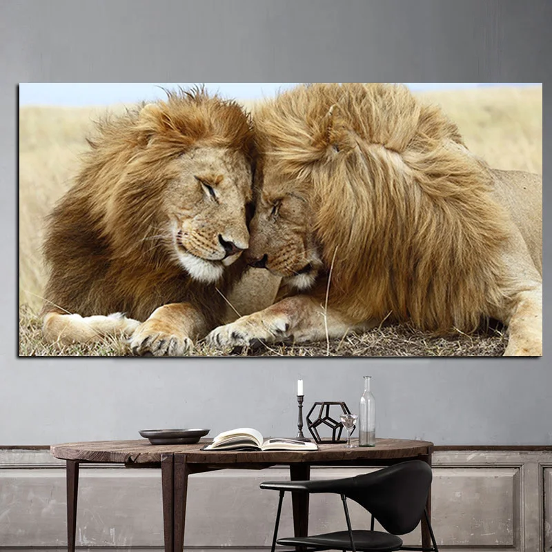 

African Brotherly Love Two Adult Male Lions Canvas Painting Wild Animal Posters and Prints Wall Art Pictures For Living Room