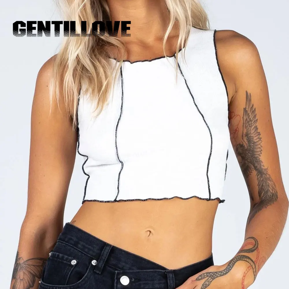 

Gentillove Women Summer Casual Patchwork Sweet Solid Vest Sexy Hit Color O-Neck Screw Thread Skinny Tank Top Basic Sleeveless
