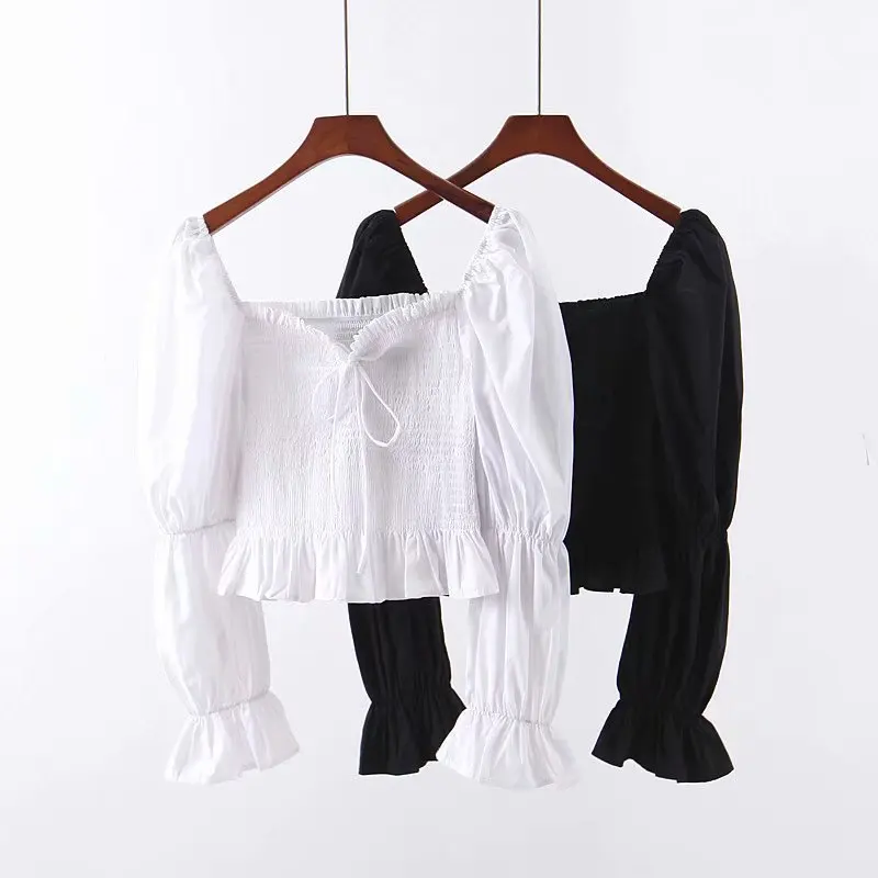 

2020 New European and American Style Bubble Long-Sleeved Square Collar All-match Slim Lace-up Shirt Top Women Blouses