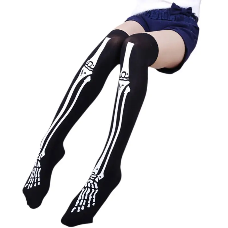 

Womens Halloween Cosplay Skull Skeleton Bone Gloves Thigh High Stockings Socks