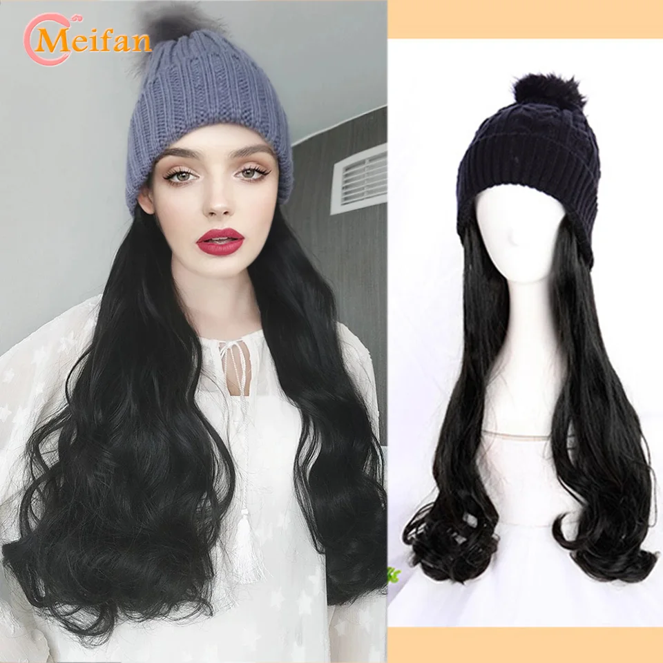 

MEIFAN Long Curly/Straight Wig with Hat Winter Warm Knitted Hat Synthetic Adjustable Baseball Cap Wig Natural Fake Hair for Wome