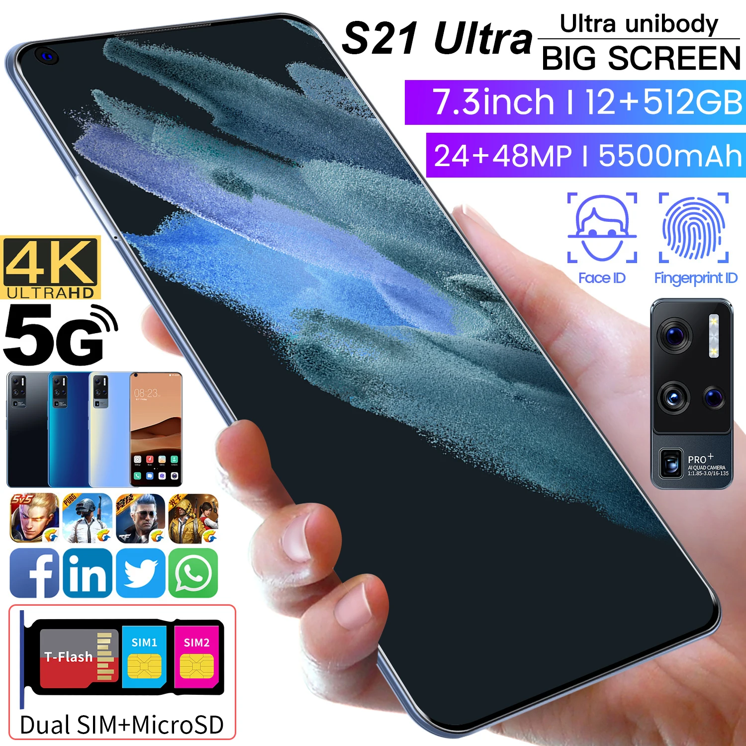 

S21 Ultra Smartphone 8G 256GB Dual SIM Dual Standby Support 4G 5G Network Original Phone Global Version Dropshipping