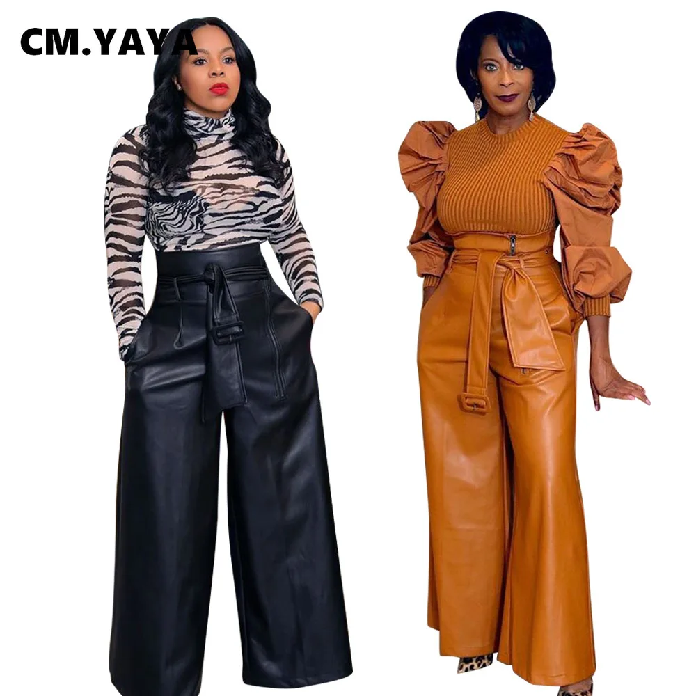 

CM.YAYA Autumn Winter Women Wid Leg Pants Leggings High Waist Sashes Bottom Trousers PU Leather Jogger Pants Sweatpants