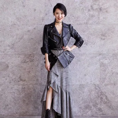 

2020 Women Spring Genuine Real Sheep Leather Jacket E34
