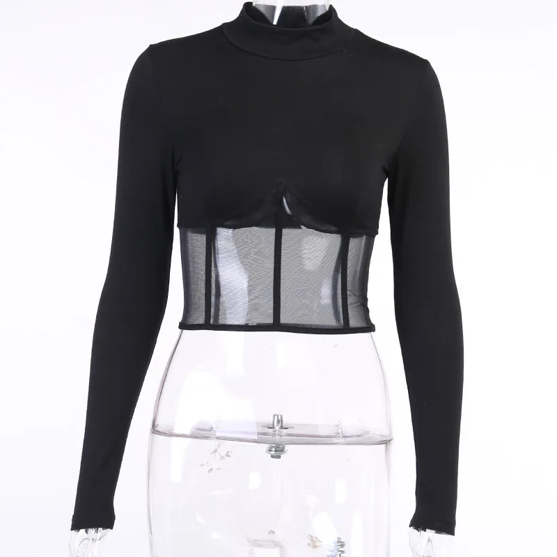 

Black Mesh Patchwork Crop Top Long Sleeve New Y2k Aesthetic Clothes Women T Shirt Sexy Slim All Match Tops And Tees For Ladies