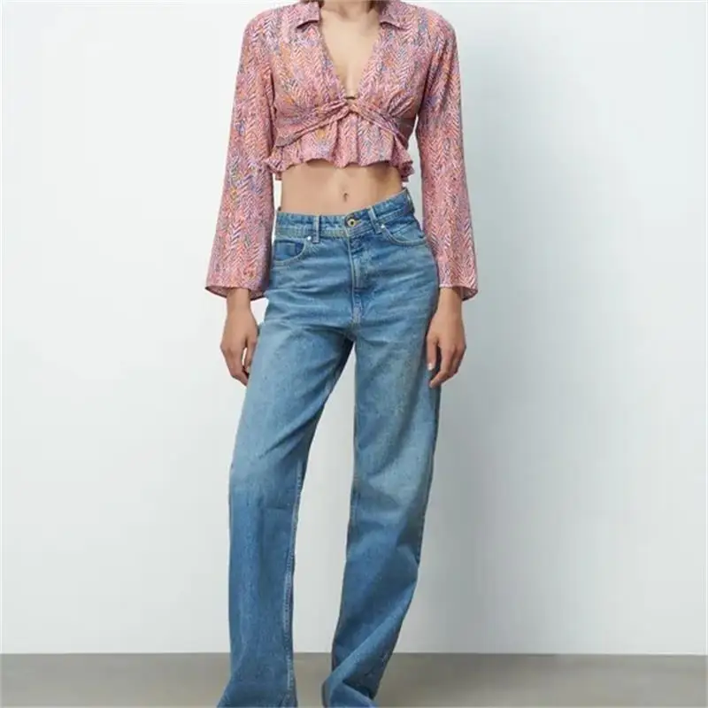 

ZXQJ Women 2021 Fashion With Buckle Printed Crop Blouses Vintage V Neck Long Sleeve Female Shirts Chic Tops