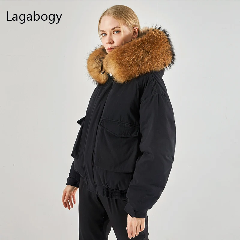 Lagabogy 2021 Winter Women Large Natural Fur Hooded White Duck Down Coat Snow Puffer Jackets Female Windproof Loose Thick Parkas