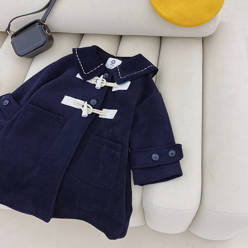 

Girls Fashion Clothes For Autumn Winter New Korean Version Of The Dark Blue Mid-length Woolen Coat All-Match Jacket For 3-8 Y