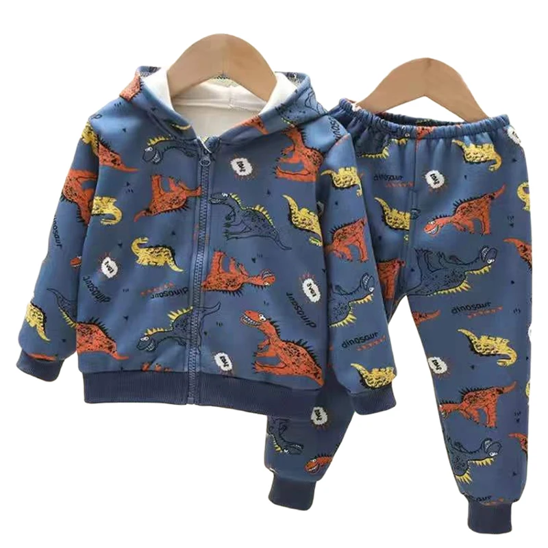 

1-4 Years Old Spring And Autumn Boys And Girls Plus Fleece Jacket Coat + Pants Children's Cartoon Hooded Sportswear Warm Suit